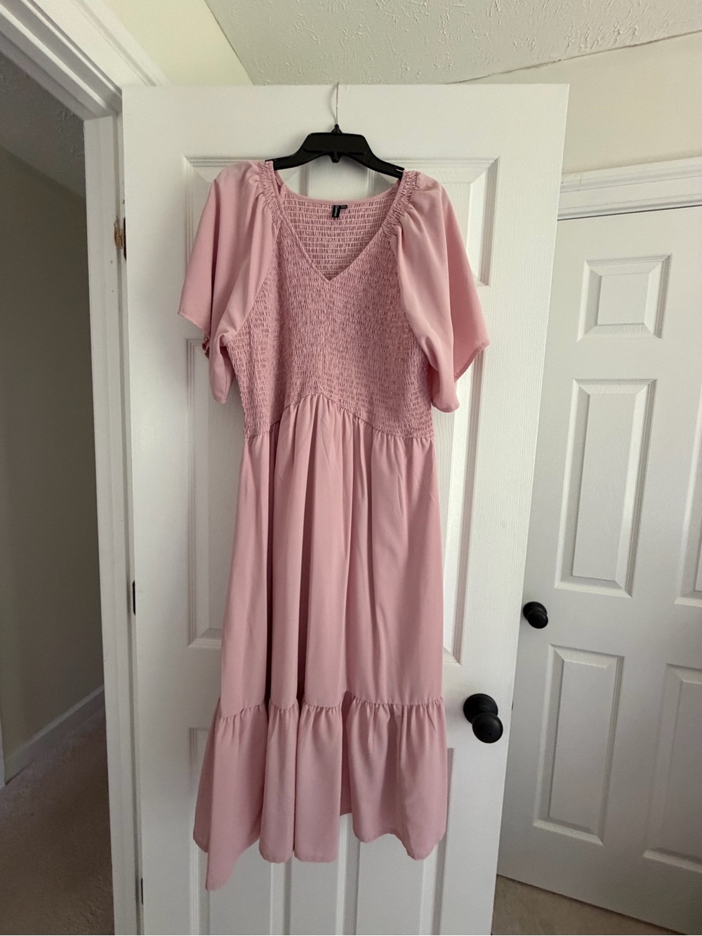 Amazon Pink Smocked V-Neck Midi Dress